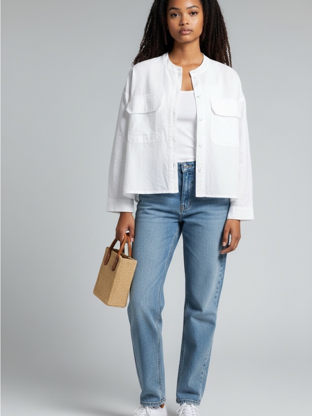Women's White Boxy Snap-Front Jean Jacket
